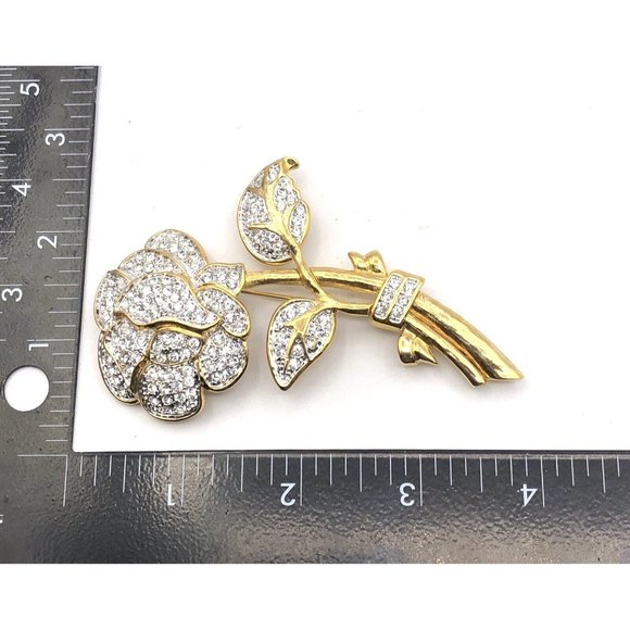 NOLAN MILLER Large Pave Rhinestone Rose Flower Gold Tone Pin Brooch 4" - Picture 8 of 10
